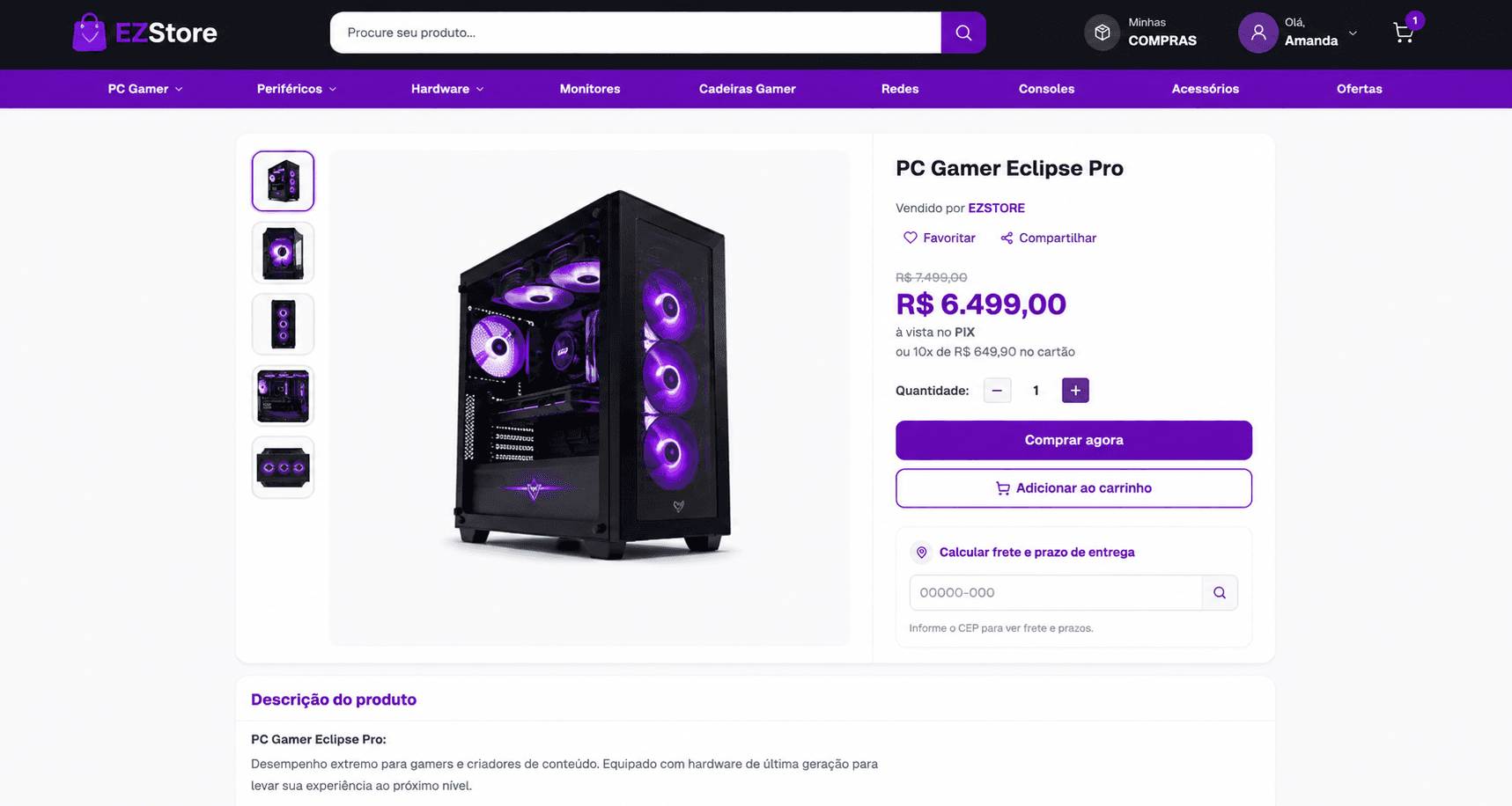 Página de produto na vitrine